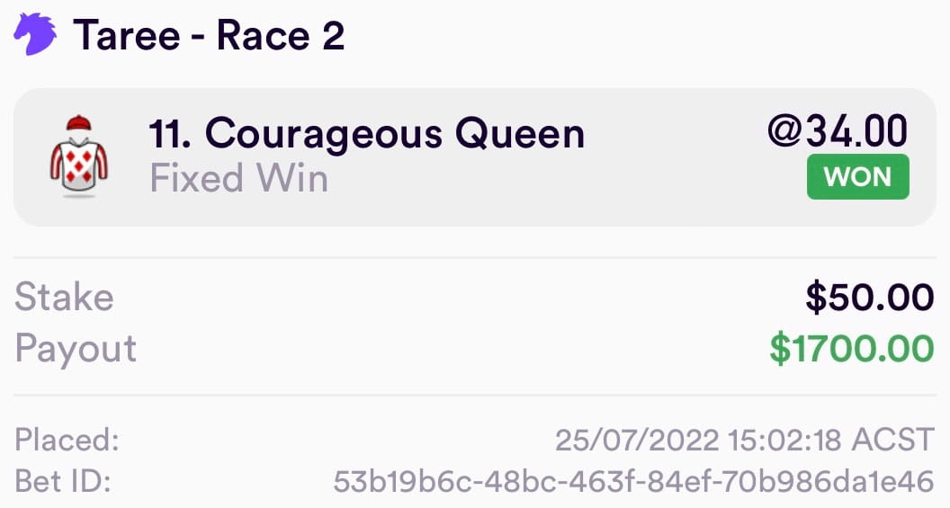 Winning bet slip: Courageous Queen $34 win