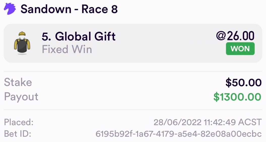 Winning bet slip: Global Gift $26 win