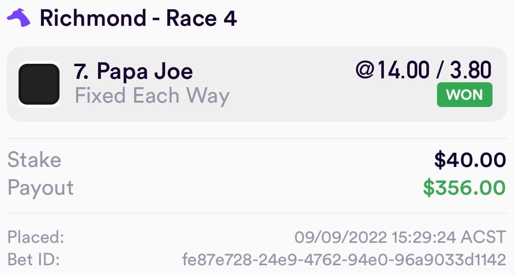 Winning bet slip: Papa Joe $14 each/way