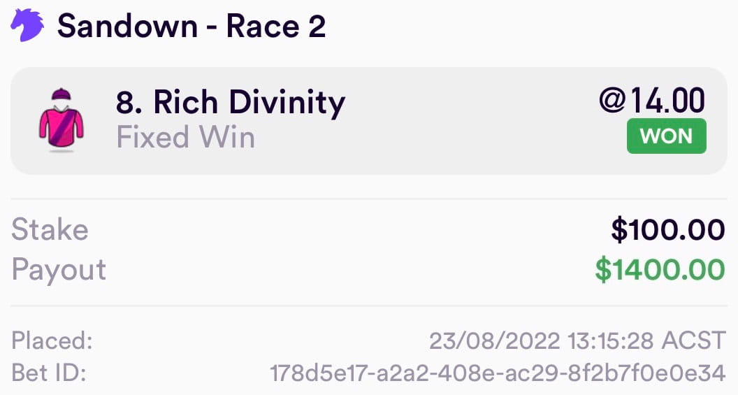 Winning bet slip: Rich Divinity $14 win