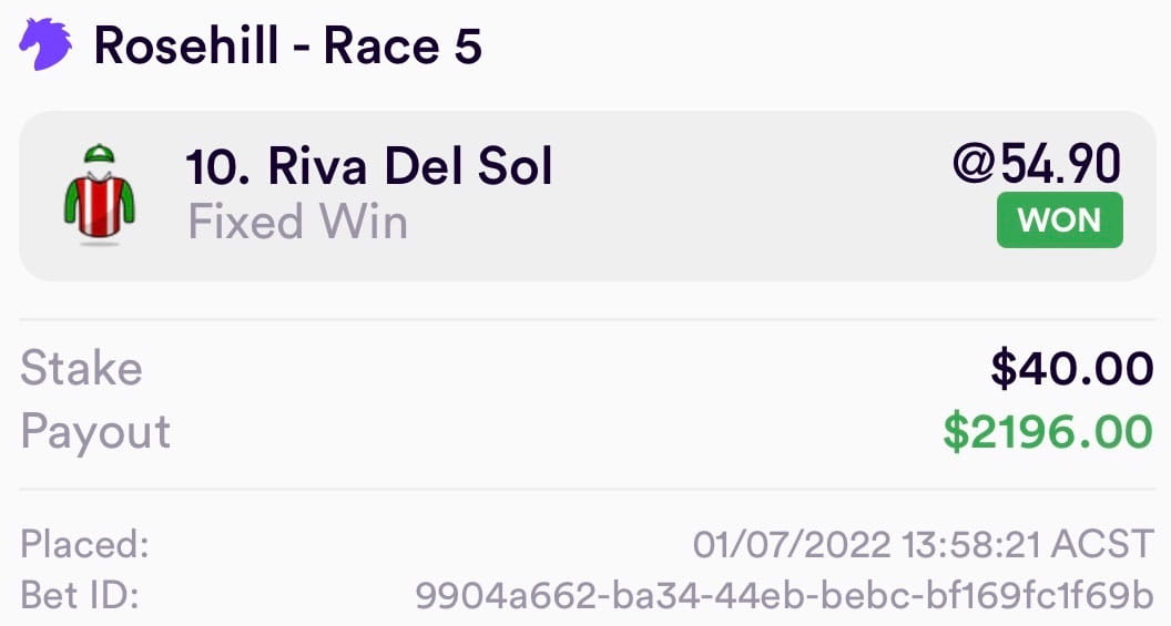 Winning bet slip: Riva Del Sol $58 win