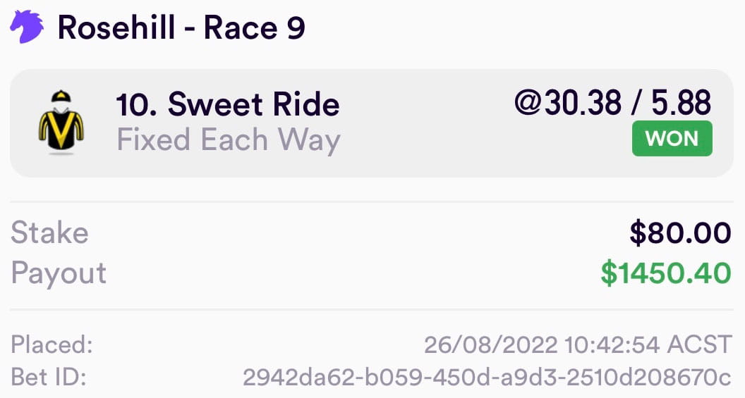 Winning bet slip: Sweet Ride $30 each/way