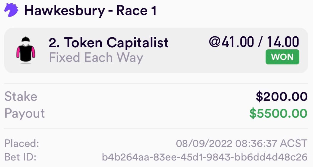 Winning bet slip: Token Capitalist $41 each/way